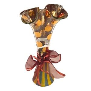 Vintage 1983 MacKenzie Childs Circus Glass Gold Polka Dot Striped Vase 7ʺH